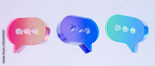 Set of 3D chat bubble icons featuring colorful gradient tones and smooth glass-like finish, ideal for graphic design, UI UX interfaces, presentations, and modern backgrounds, 3d render illustration