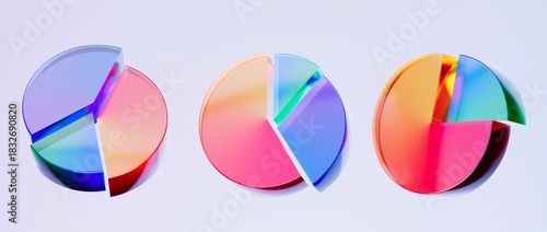Set of 3D pie chart icons, Colorful gradient glass like icon, glass holographic icon, minimal crystal clear, ideal for graphic design, UI UX interfaces, 3d render illustration.