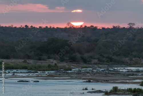 Sunset light paints the landscape of the Kruger National Park while wildlife stirs