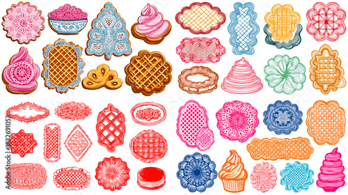 Illustration set of decorative pastries and cookie inspired shapes with lace textures, sweet colors and artistic dessert patterns. Great for bakery themes, food decor and creative design uses.