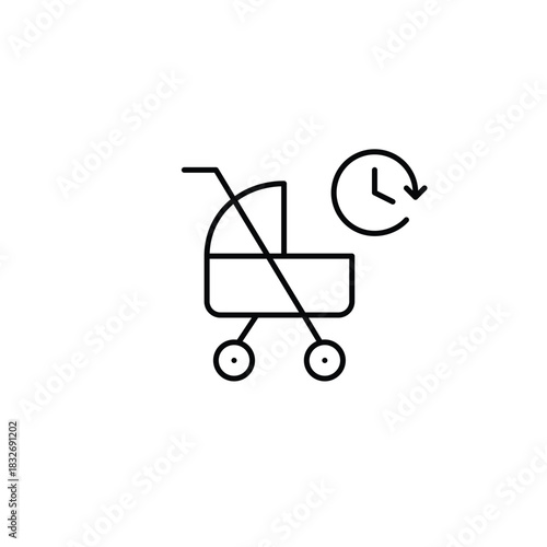 Baby stroller and clock. Daily children routine. Timed care and parenting. Pixel perfect, editable stroke vector icon