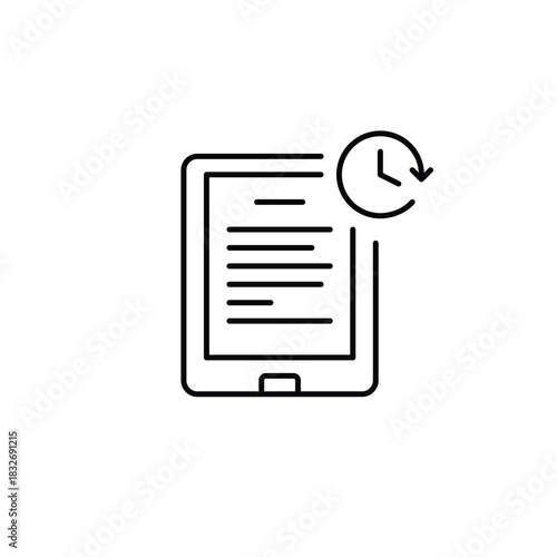 Text file folder on tablet and clock. Scheduled backup, data history. Pixel perfect, editable stroke vector icon