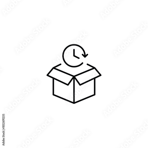 Open shipment box and clock. Scheduled delivery, online shopping and returns. Pixel perfect, editable stroke vector icon