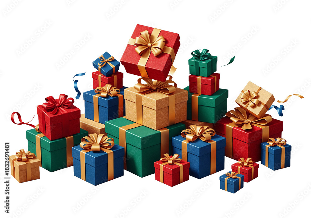 Obraz premium Colorful presents with gold ribbons stacked high create a festive holiday mood, perfect for Christmas, birthdays, and celebrations all year round