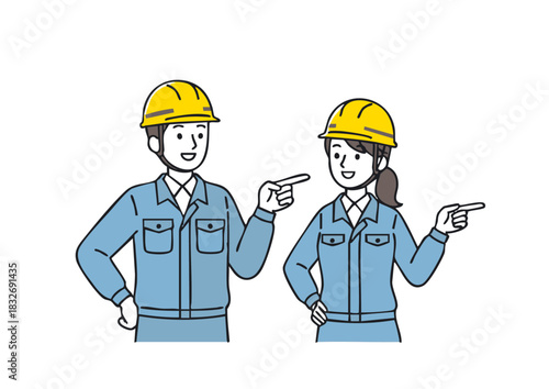 指差し確認をする現場作業員のイラスト、現場監督、指導員、施工管理技士