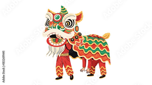Colorful vector illustration of a traditional Chinese lion dance costume for a festive Lunar New Year celebration