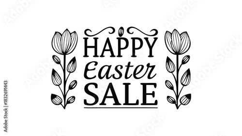 Happy easter sale typographic design with floral elements and decorative swirls on a white background for spring promotions and retail events
