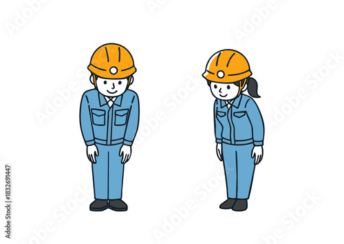 お辞儀をする作業着を着た男女のイラスト、現場監督、指導員、施工管理技士、交通整理