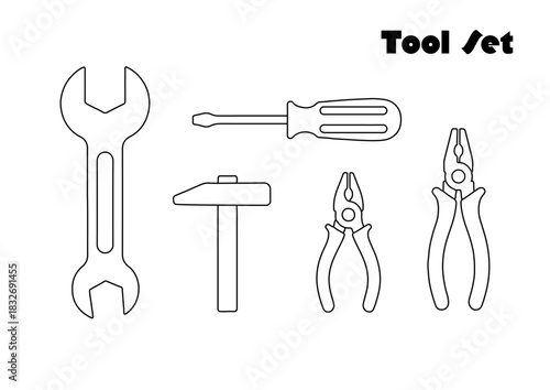 工具セットのフラットイラスト、線のみ、ベクター素材
