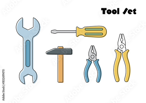 工具セットのフラットイラスト、色付き、ベクター素材