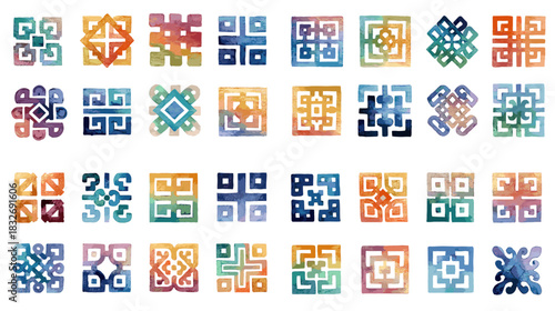 Colorful geometric symbol illustration set with artistic patterns, cultural motifs and symmetrical decorative shapes. Ideal for design elements, logo concepts and creative ornament projects.