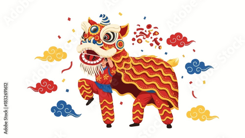 A colorful vector illustration of a traditional Chinese lion dance performance for a festive Lunar New Year celebration