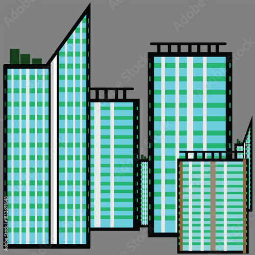 Modern city skyline illustration featuring abstract geometric skyscrapers with bright green checkered windows against a solid gray background