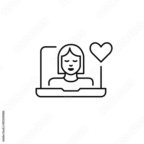 Woman user on laptop screen and heart. Virtual communication, video conference. Pixel perfect, editable stroke vector icon