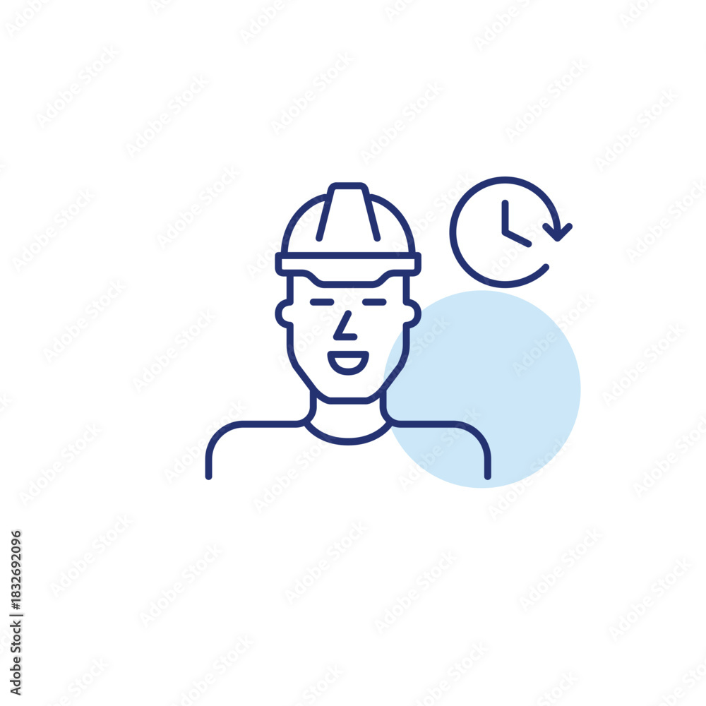 Fototapeta premium Man in hard hat and clock. Project deadline, worksite scheduling. Pixel perfect, editable stroke vector icon