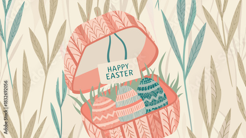 A charming illustration of a woven basket filled with decorative easter eggs and a happy easter sign nestled amongst stylized botanical elements