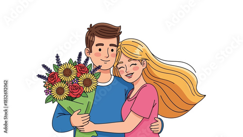 A happy couple in love embracing. The man gives a beautiful bouquet of flowers to his smiling girlfriend. Cartoon vector illustration