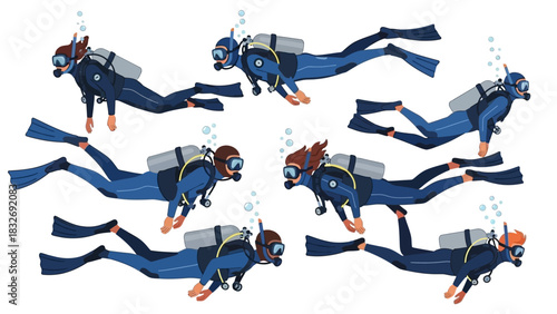 Diverse group of happy scuba divers exploring the clear ocean depths, enjoying an adventurous underwater journey in their colorful gear