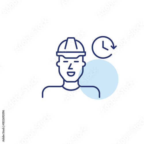 Man in hard hat and clock. Project deadline, worksite scheduling. Pixel perfect, editable stroke vector icon
