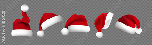 Red Santa hats with fluffy pom-poms realistic vector illustration set.