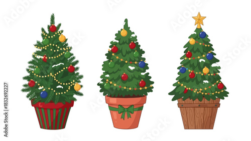 Collection of three beautifully decorated Christmas trees with festive ornaments and lights