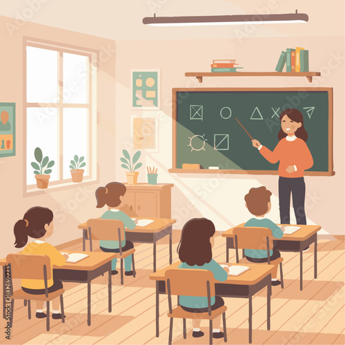 “Flat vector of students sitting at desks in a bright classroom, teacher explaining at a chalkboard, warm tones, simple shapes, clean educational scene, no text.”