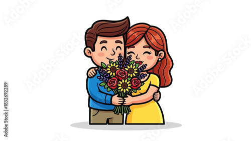 A cute cartoon couple in love, happily hugging while holding a beautiful bouquet of flowers. Romantic vector illustration for a special occasion