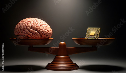 Human brain and computer chip on a scale, symbolizing intelligence versus ai.