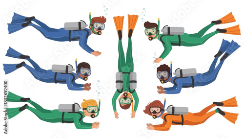 Scuba Divers in Various Poses Underwater Adventure Illustration