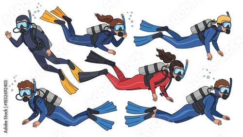 Set of scuba divers characters with men and women in diving suits with masks and fins swimming underwater