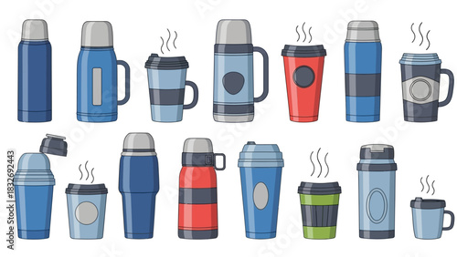 Colorful Thermos and Coffee Cup Vector Graphics for Travel and Daily Use