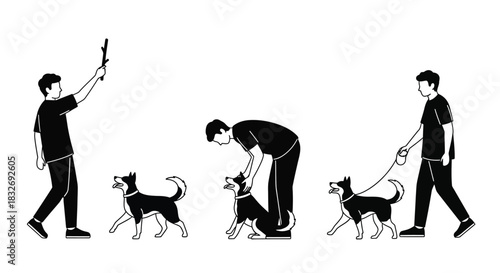Man interacting with dogs in a sequence of poses black and white illustration