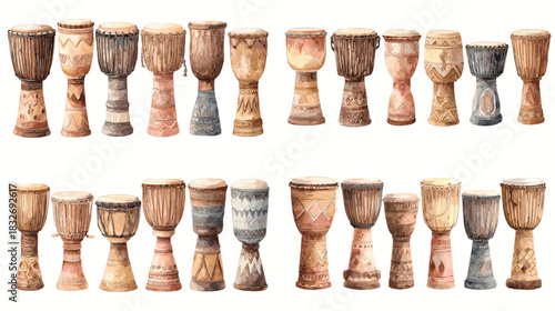 Rustic wooden djembe drum illustration set showcasing handcrafted textures and traditional musical shapes. Perfect for percussion themes, cultural music concepts and artistic design projects.