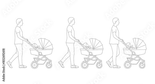 A series of line drawings depicting people pushing baby strollers
