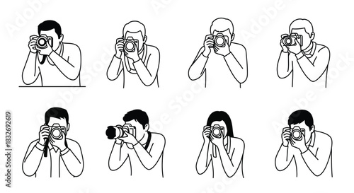 Illustrations of people taking photos with cameras in various positions