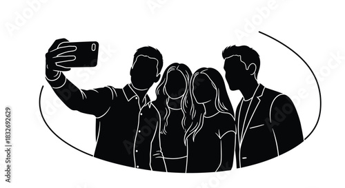 A group of people taking a selfie depicted in a minimalist black and white style