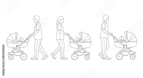 Line art depiction of parents walking with strollers in different views