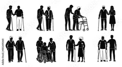 Elderly assistance and support silhouettes depicting care for senior citizens