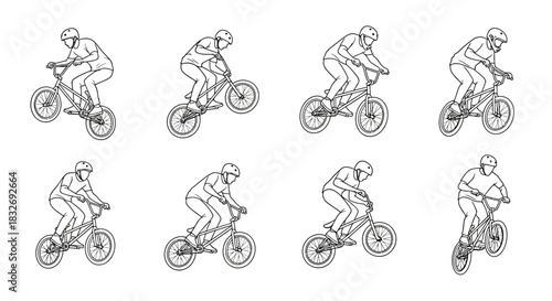 A sequence of drawings illustrating a cyclist in various riding positions