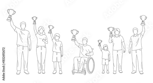 Celebrating achievements a diverse group of people raising trophies in triumph