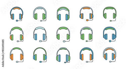 Colorful headset icons arranged in a grid pattern communication and audio equipment