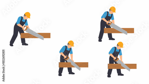 Four illustrations of a carpenter sawing a wooden plank with a hand saw, working on construction.