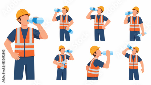 Construction worker drinking water, wearing hard hat and safety vest.