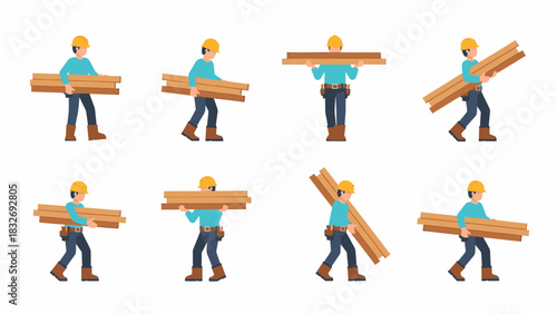 Construction worker carrying lumber in different poses.