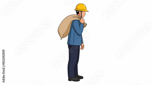 A man wearing a hard hat and uniform carries a large sack over his shoulder, standing in profile.