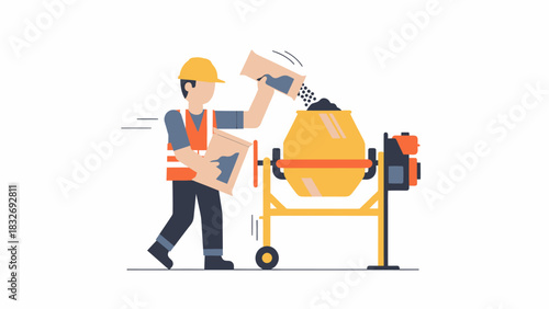 Construction worker pouring cement into a concrete mixer, preparing for building work.