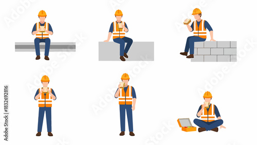 Construction worker eating lunch in different poses.