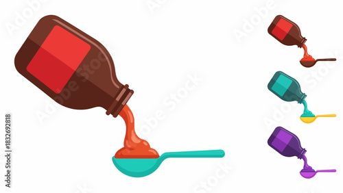 A set of colorful vector illustrations showing liquid medicine being poured from a bottle into a spoon for a dose.