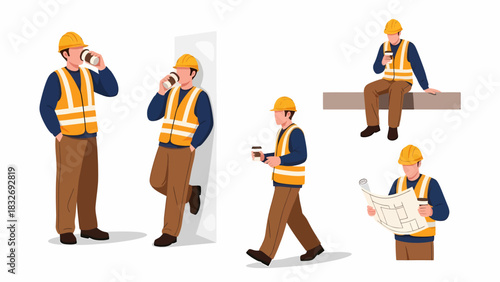 Illustrations of a construction worker performing various tasks and taking breaks.