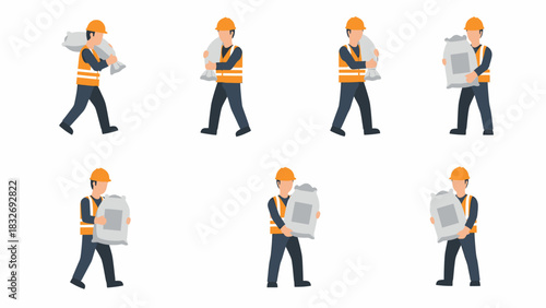 Set of illustrations showing a construction worker in safety gear carrying a heavy sack in various poses.